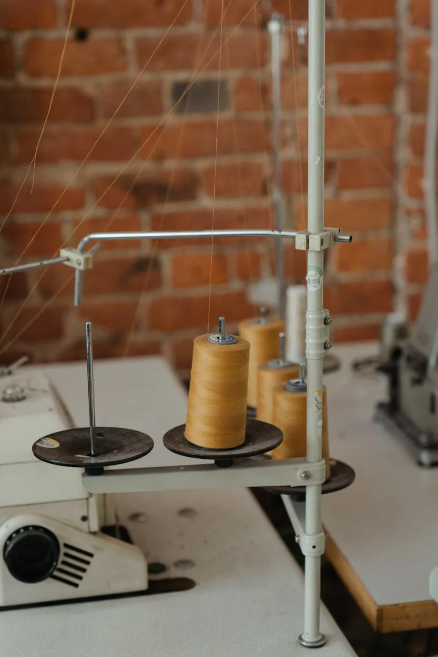 Industrial sewing machine thread stand against an exposed-brick workshop wall