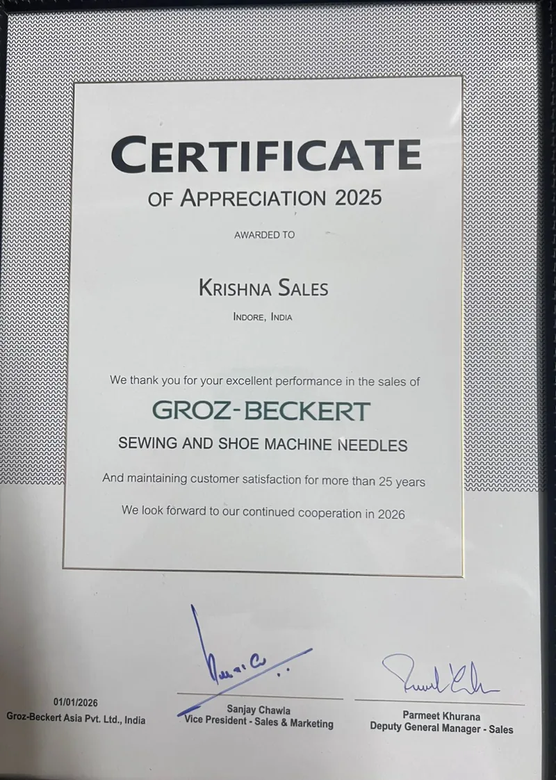 Groz-Beckert sales appreciation certificate awarded to Krishna Sales