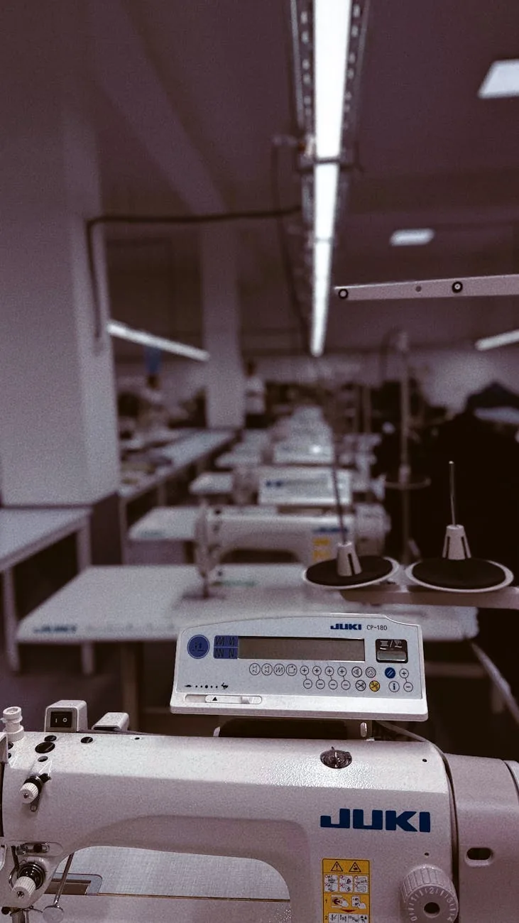 Row of Juki industrial sewing machines on a garment factory floor — the kind of line Krishna Sales equips